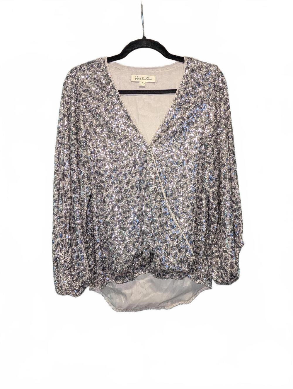 Vine & Love Leopard Print Sequin Wrap Blouse Medium
